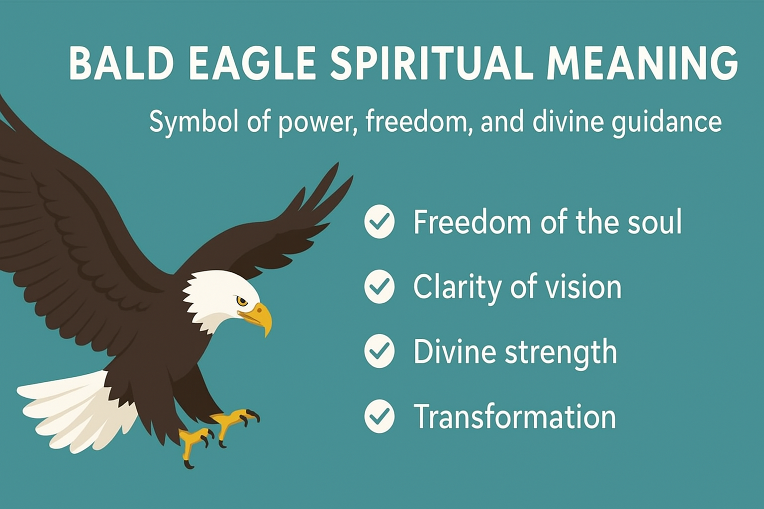 Infographic showing a bald eagle in flight on a teal background with text that reads “Bald Eagle Spiritual Meaning – Symbol of power, freedom, and divine guidance,” and bullet points listing “Freedom of the soul, Clarity of vision, Divine strength, Transformation.”
