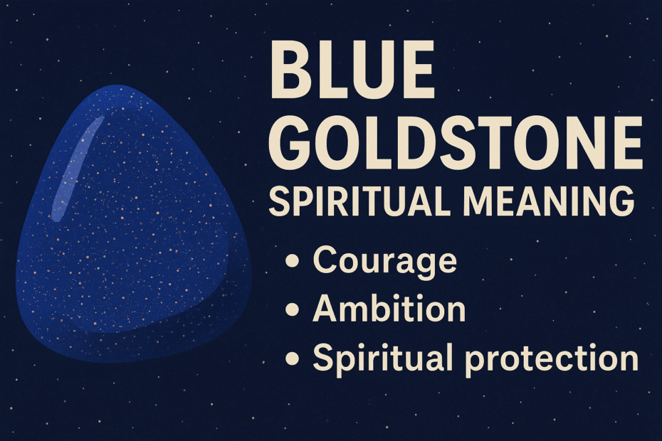 Blue Goldstone spiritual meaning infographic showing a glittering blue gemstone on a starry background, with text listing its meanings: Courage, Ambition, and Spiritual Protection.