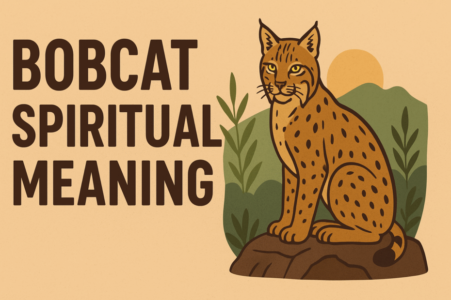 Infographic showing the title “Bobcat Spiritual Meaning” beside an illustrated bobcat sitting calmly on a rock, surrounded by plants and distant hills under a warm-toned sky. The design uses earthy colors and a clean, minimalist flat style.