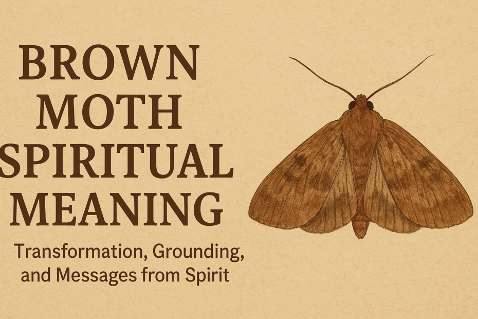 Brown moth spiritual meaning infographic featuring a detailed brown moth illustration on a beige textured background, with text reading ‘Brown Moth Spiritual Meaning – Transformation, Grounding, and Messages from Spirit.’