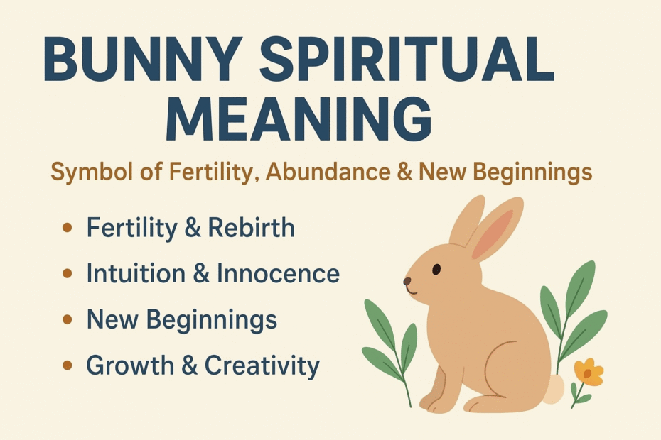 Infographic titled “Bunny Spiritual Meaning — Symbol of Fertility, Abundance & New Beginnings.” It features a cute light brown bunny sitting beside green leaves and a small yellow flower on a beige background. Bullet points highlight key meanings: Fertility & Rebirth, Intuition & Innocence, New Beginnings, and Growth & Creativity.