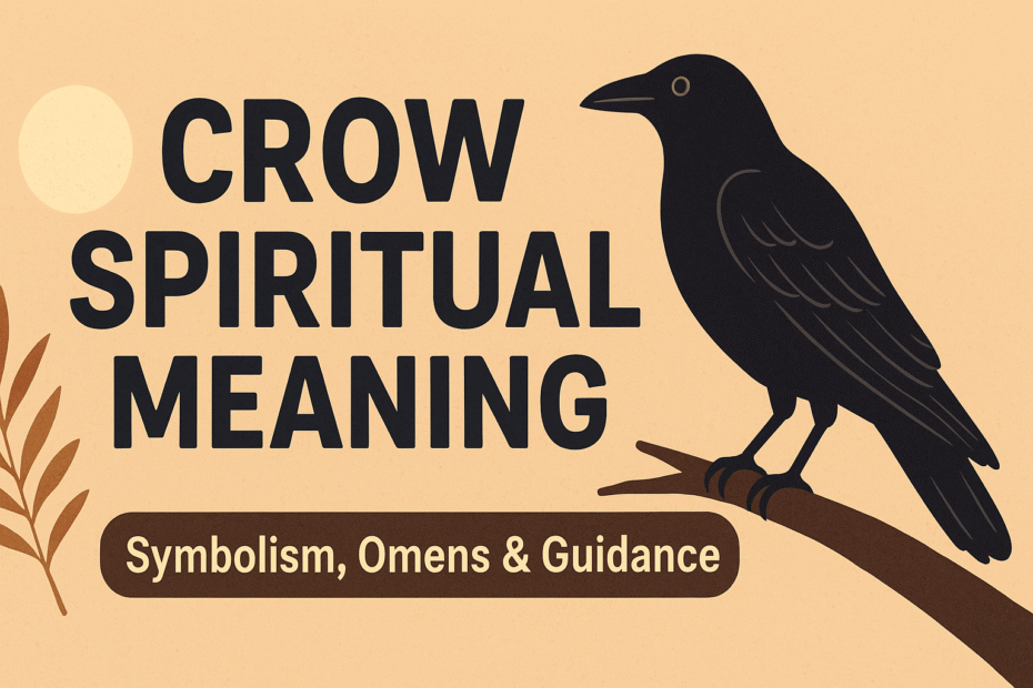 Illustration of a black crow perched on a branch with the text "Crow Spiritual Meaning – Symbolism, Omens & Guidance" on a warm beige background.
