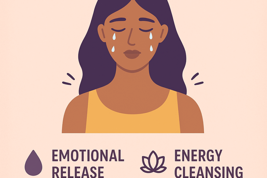 Infographic titled ‘Crying After Sex Spiritual Meaning’ showing a woman with tears and four key themes — Emotional Release, Energy Cleansing, Soul Connection, and Divine Love — represented with simple icons in soft pastel tones.”