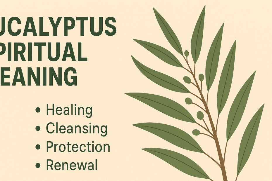 Infographic showing the eucalyptus spiritual meaning with a minimal beige and green design. The left side lists four keywords—Healing, Cleansing, Protection, and Renewal—while the right side features an illustrated eucalyptus branch with green leaves and round seed pods.