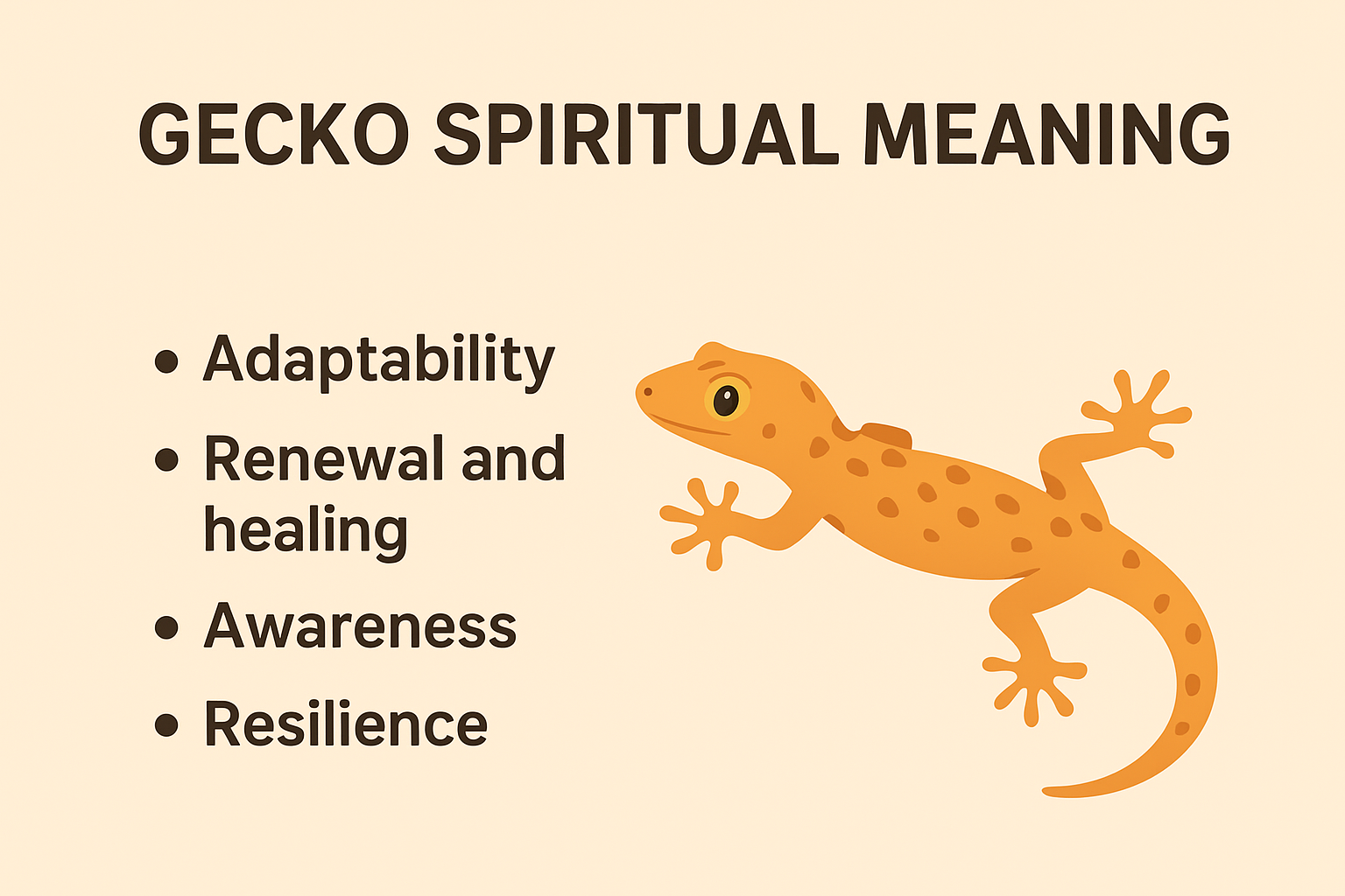 Infographic titled “Gecko Spiritual Meaning” showing an orange gecko on a beige background. Text lists four meanings: Adaptability, Renewal and healing, Awareness, and Resilience.
