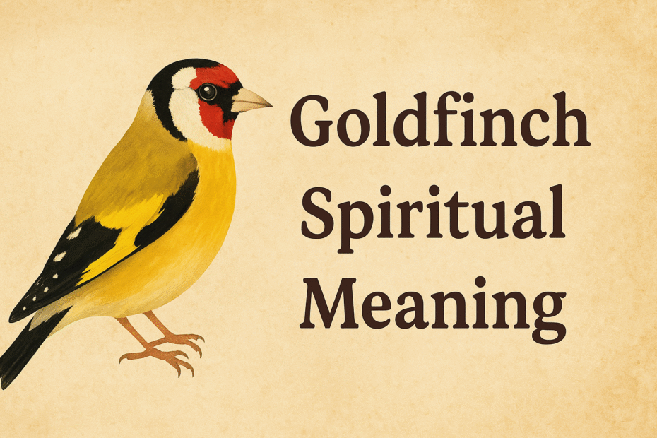 A digital illustration of a bright yellow goldfinch with red and black markings, perched against a warm beige textured background. The text “Goldfinch Spiritual Meaning” appears beside the bird in large, dark brown serif font.