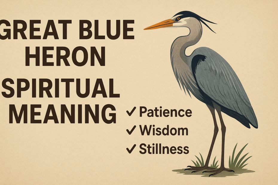 Infographic showing the Great Blue Heron spiritual meaning, featuring a blue heron illustration beside bold text that reads “Patience, Wisdom, Stillness” on a beige background.