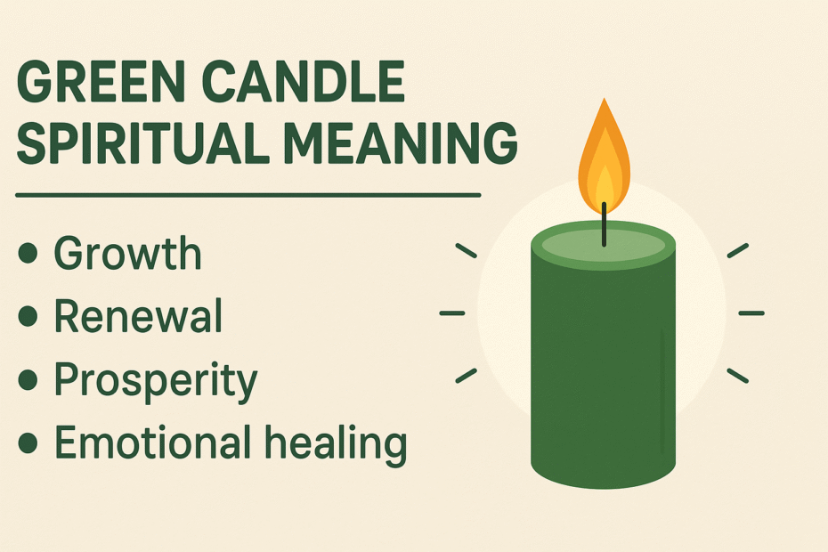 Infographic showing the spiritual meaning of a green candle. On the left, green text lists four points—Growth, Renewal, Prosperity, and Emotional Healing. On the right, there’s an illustrated green candle with an orange flame and soft glowing rays, set against a beige background.