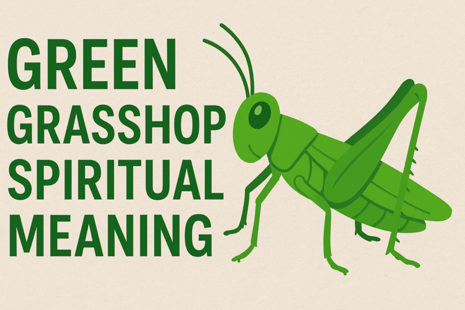 Alt text: “Infographic showing a bright green grasshopper on a beige background with bold green text reading ‘Green Grasshopper Spiritual Meaning.’ The design is clean and minimal, emphasizing nature, growth, and renewal.”