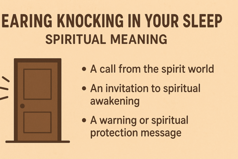 Infographic titled ‘Hearing Knocking in Your Sleep Spiritual Meaning,’ showing a brown door illustration with sound lines and three key points: A call from the spirit world, An invitation to spiritual awakening, and A warning or spiritual protection message. Designed in warm beige and brown tones.