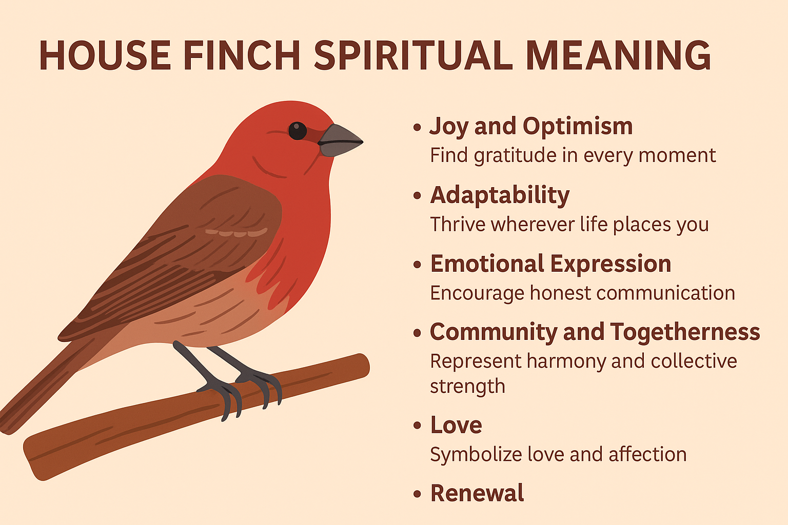 An infographic titled “House Finch Spiritual Meaning” featuring a red and brown house finch perched on a branch. On the right side, text lists six meanings: joy and optimism, adaptability, emotional expression, community and togetherness, love, and renewal. The design uses soft beige and brown tones for a calm, spiritual feel.