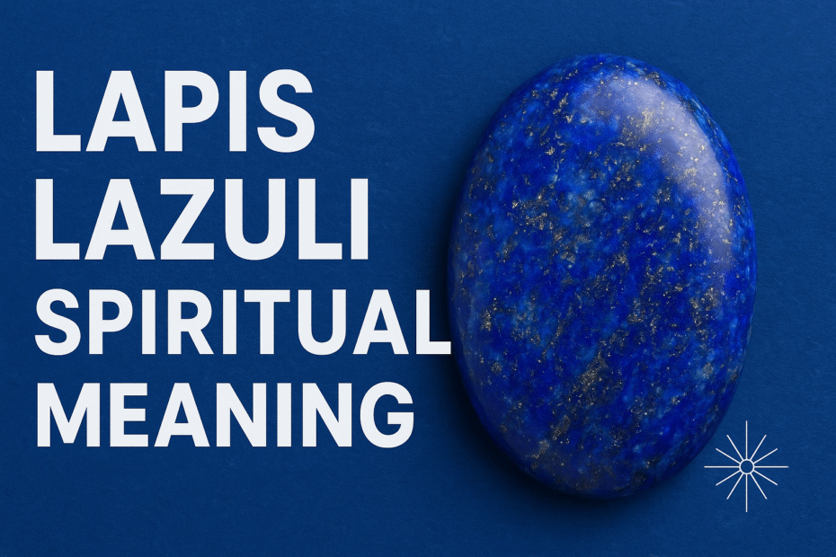 A polished Lapis Lazuli gemstone with deep royal blue color and golden flecks sits on a blue background. Bold white text on the left reads “Lapis Lazuli Spiritual Meaning,” representing the stone’s connection to wisdom, truth, and higher consciousness.