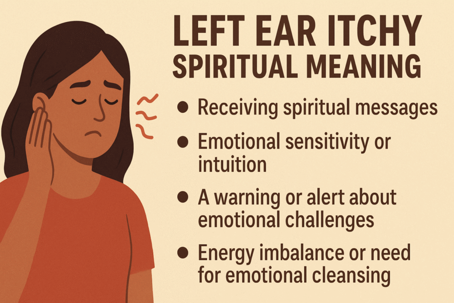 Infographic showing the spiritual meanings of an itchy left ear. On the left, a woman touches her left ear with an uncomfortable expression. On the right, text lists meanings: receiving spiritual messages, emotional sensitivity or intuition, a warning or alert about emotional challenges, and energy imbalance or need for emotional cleansing. The design uses warm beige and brown tones.