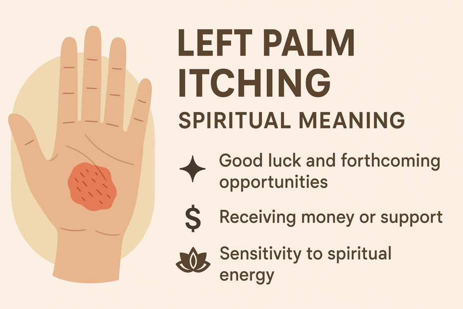 Infographic showing a left hand with a red itchy spot on the palm, titled “Left Palm Itching Spiritual Meaning.” On the right, three points list the meanings: good luck and forthcoming opportunities, receiving money or support, and sensitivity to spiritual energy.