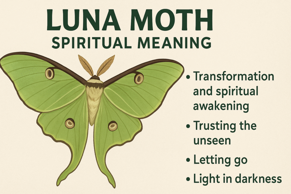 Infographic showing a Luna Moth with pale green wings and brown edges. The title reads “Luna Moth Spiritual Meaning,” and beside the moth are four key points: Transformation and spiritual awakening, Trusting the unseen, Letting go, and Light in darkness. The background is a soft beige color with dark green text.