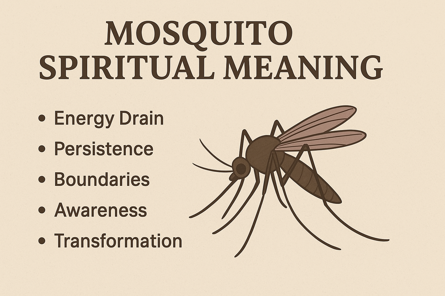 An infographic titled “Mosquito Spiritual Meaning” on a beige background. It features a detailed illustration of a mosquito on the right and a list of key meanings on the left, including Energy Drain, Persistence, Boundaries, Awareness, and Transformation.