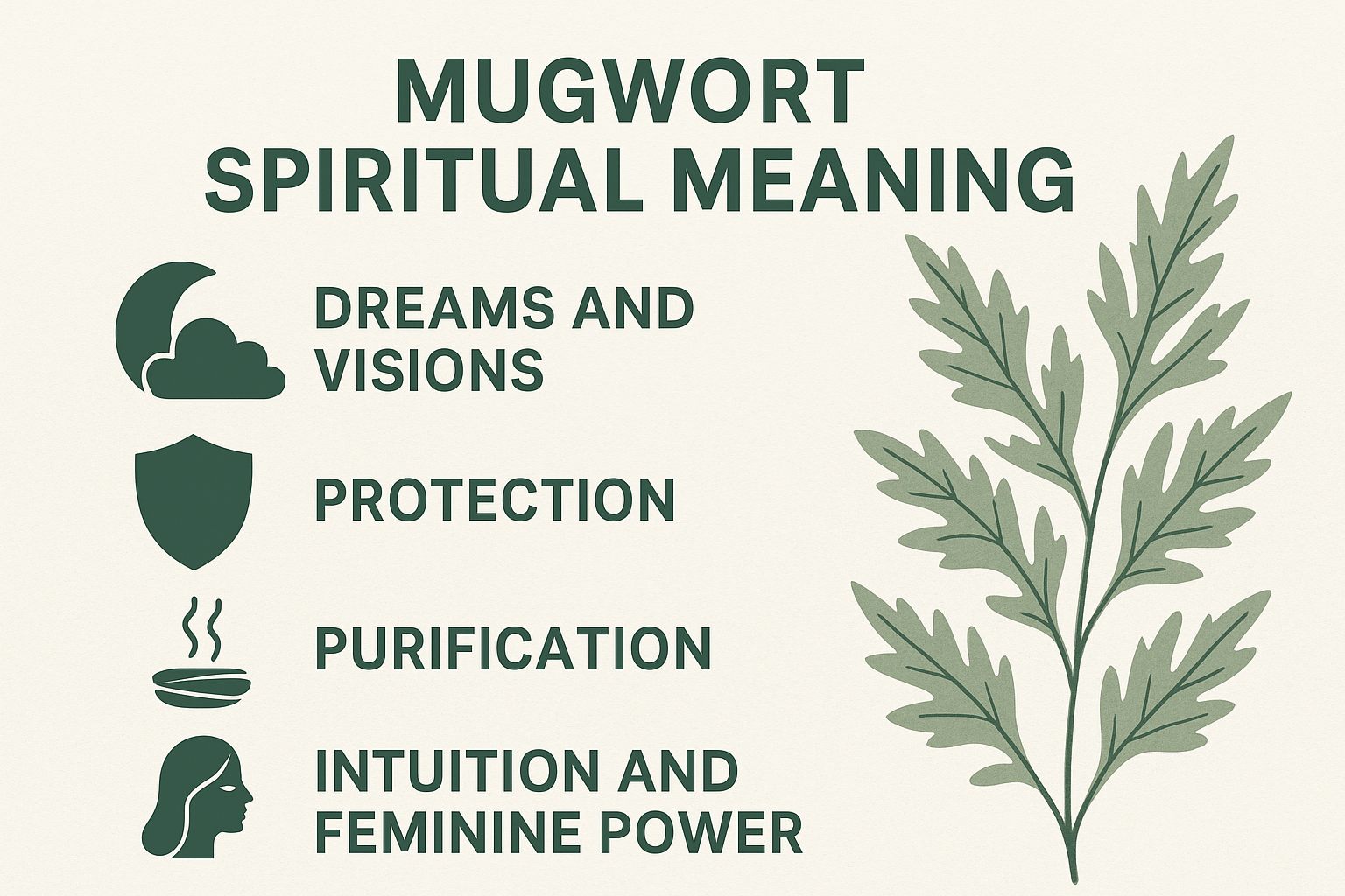 Infographic titled “Mugwort Spiritual Meaning” featuring green icons and text on a light background. It highlights four key meanings: dreams and visions, protection, purification, and intuition with feminine power. A hand-drawn mugwort plant decorates the right side for visual balance.