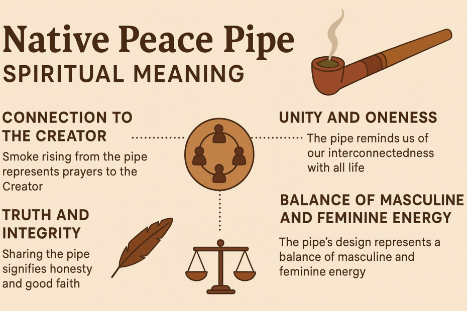 Infographic titled “Native Peace Pipe Spiritual Meaning” showing four sections: connection to the Creator, unity and oneness, truth and integrity, and balance of masculine and feminine energy. It includes simple brown icons of a smoking pipe, a circle of people, a feather, and a balance scale, all on a beige background representing harmony and spirituality.