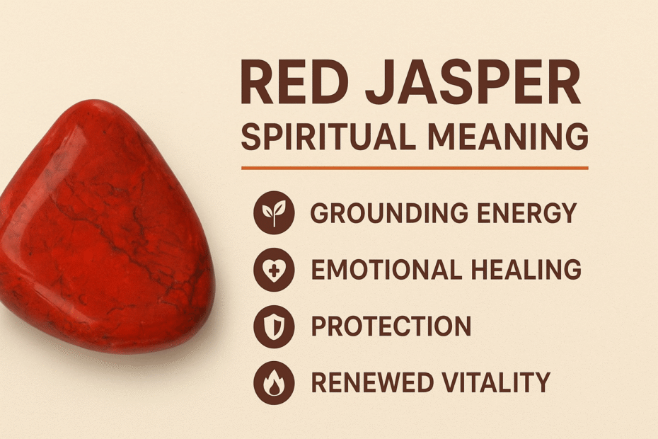 Infographic showing a polished red jasper stone on a beige background with the title “Red Jasper Spiritual Meaning.” Four bullet points list its key properties: grounding energy, emotional healing, protection, and renewed vitality.