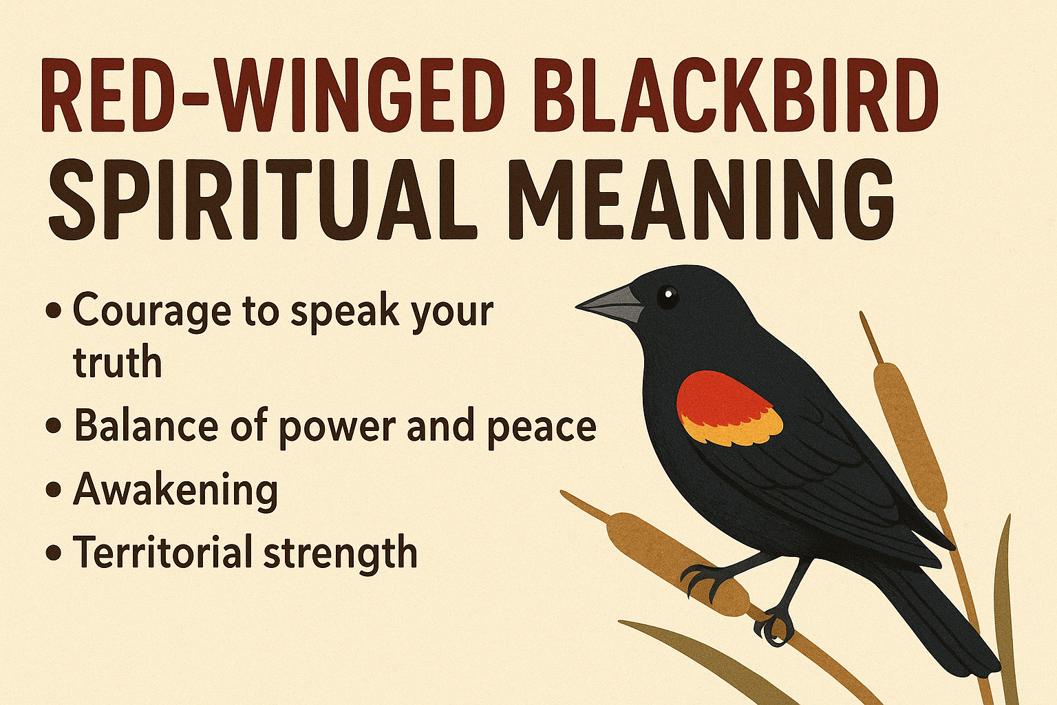 Alt text: “Infographic showing the Red-Winged Blackbird Spiritual Meaning, with an illustrated blackbird featuring red and yellow shoulder patches perched on cattails. Text highlights key meanings: courage to speak your truth, balance of power and peace, awakening, and territorial strength.”