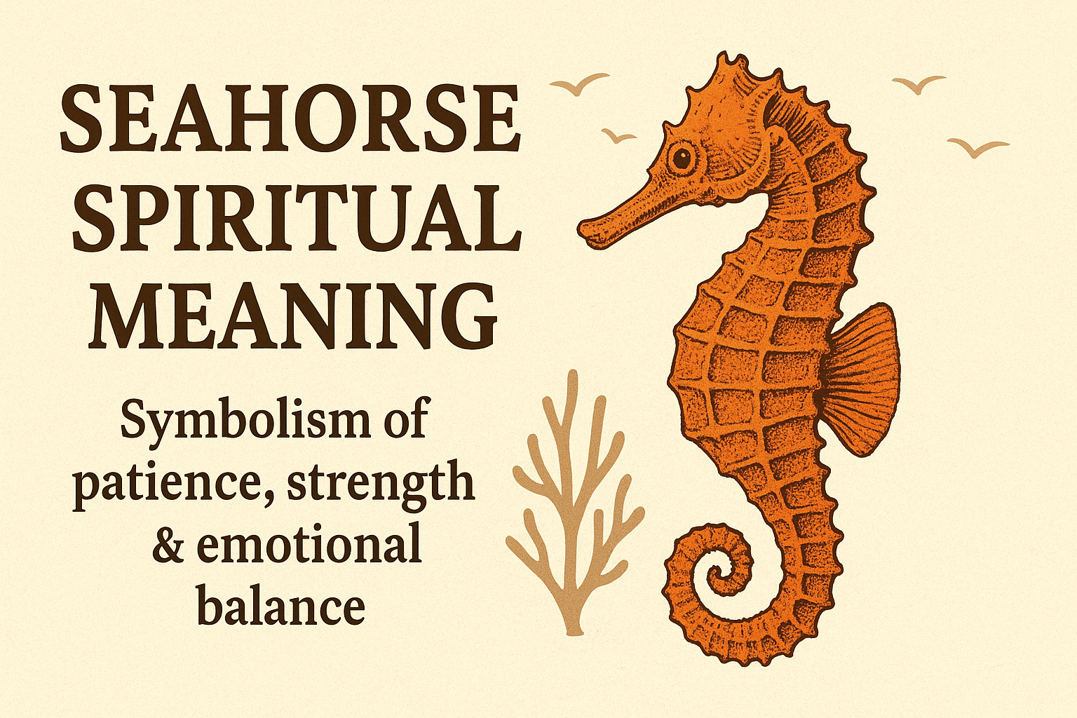 Alt text: *Infographic showing a detailed orange seahorse beside coral and flying birds on a beige background, with the title “Seahorse Spiritual Meaning” and subtitle “Symbolism of patience, strength & emotional balance.”*