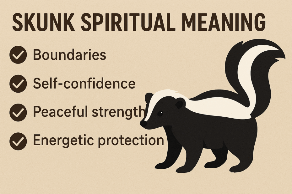 Infographic showing a cartoon skunk beside a list of its spiritual meanings — boundaries, self-confidence, peaceful strength, and energetic protection
