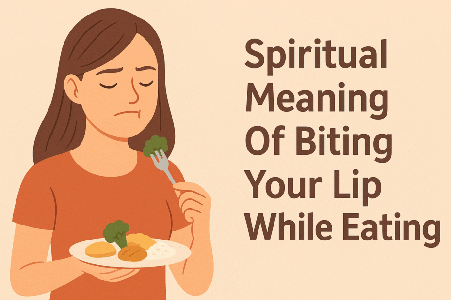 Illustration of a woman accidentally biting her lip while eating, holding a plate of food and looking slightly pained, with the title “Spiritual Meaning Of Biting Your Lip While Eating” displayed beside her on a beige background.