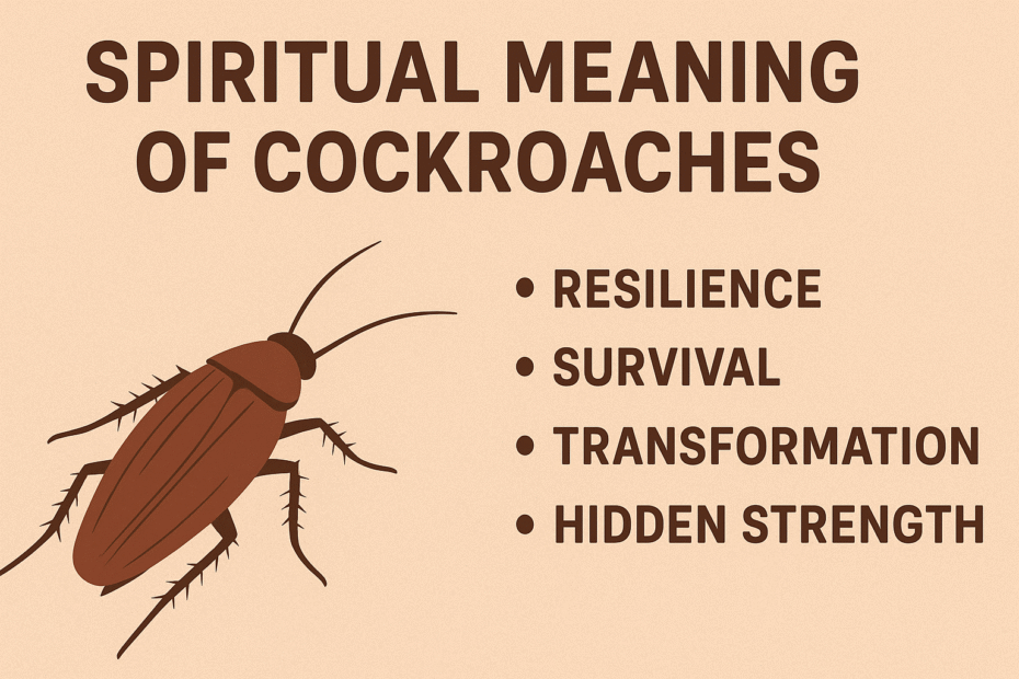 An infographic titled “Spiritual Meaning of Cockroaches” shows a brown cockroach illustration on a beige background. To the right, bold brown text lists four keywords: “Resilience,” “Survival,” “Transformation,” and “Hidden Strength.” The design uses a simple, earthy color palette to convey balance and symbolism.