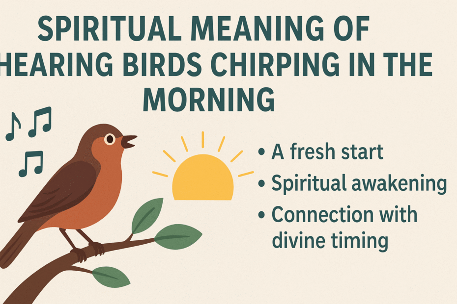 Infographic titled “Spiritual Meaning of Hearing Birds Chirping in the Morning” showing a bird singing on a branch with music notes and a rising sun. Text lists meanings: “A fresh start,” “Spiritual awakening,” and “Connection with divine timing.”