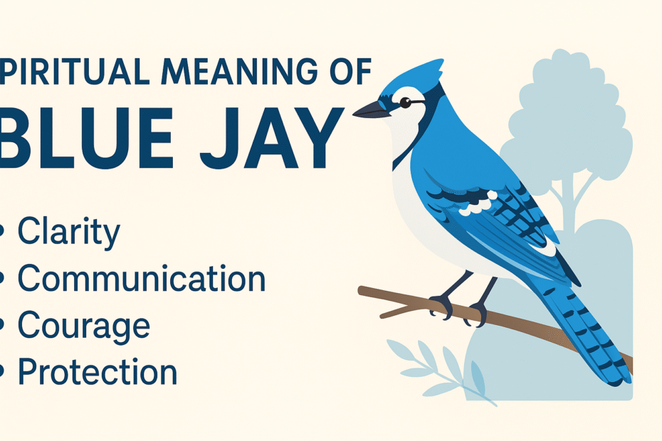 Infographic showing the spiritual meaning of the blue jay. It features a blue jay perched on a branch with text highlighting its key symbolic traits: clarity, communication, courage, and protection. The background uses soft blue and beige tones for a calm, natural look.