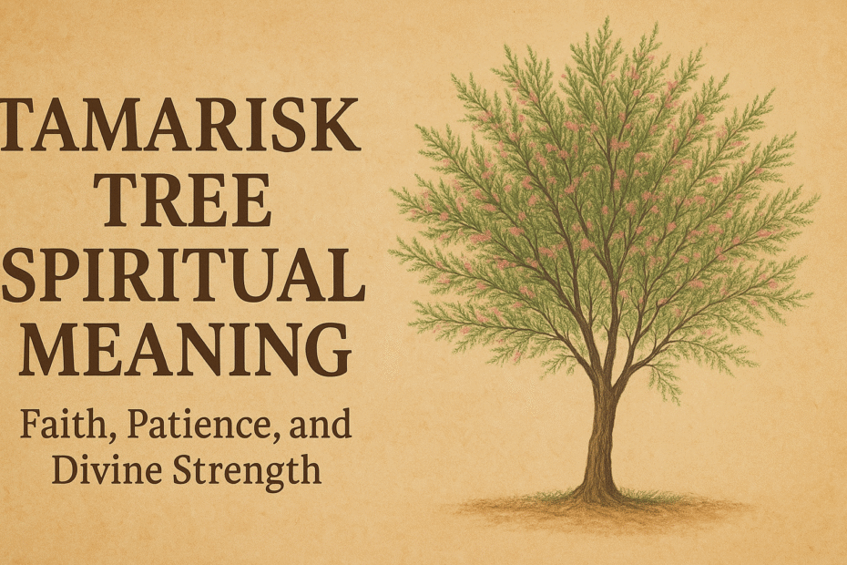 Illustration of a tamarisk tree with green feathery branches and pink blossoms on a beige background, accompanied by the title “Tamarisk Tree Spiritual Meaning – Faith, Patience, and Divine Strength.”
