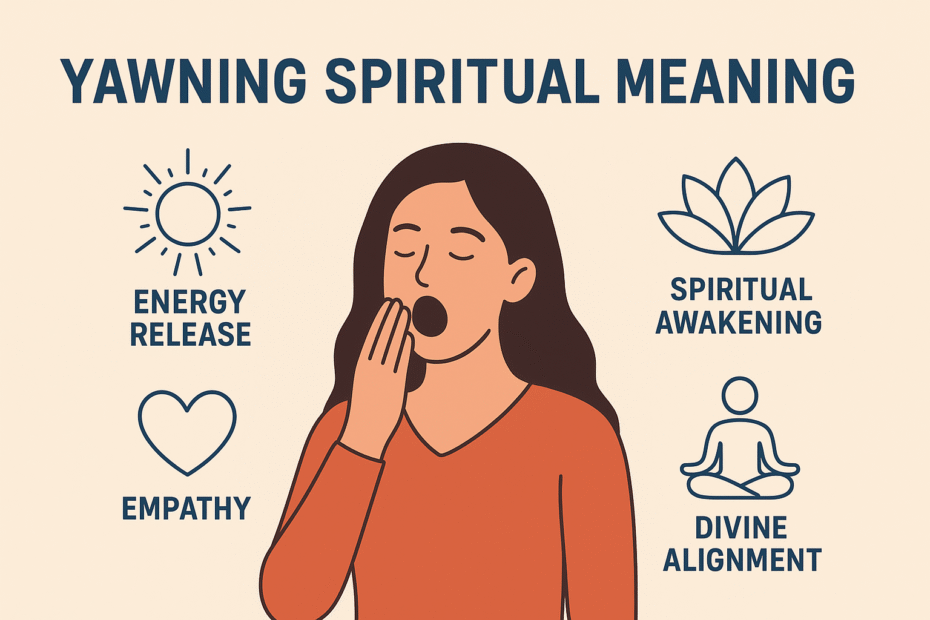 Infographic titled “Yawning Spiritual Meaning” showing a calm woman yawning with four symbols around her: a sun labeled “Energy Release,” a lotus flower labeled “Spiritual Awakening,” a heart labeled “Empathy,” and a meditating figure labeled “Divine Alignment,” on a beige background with dark blue text.